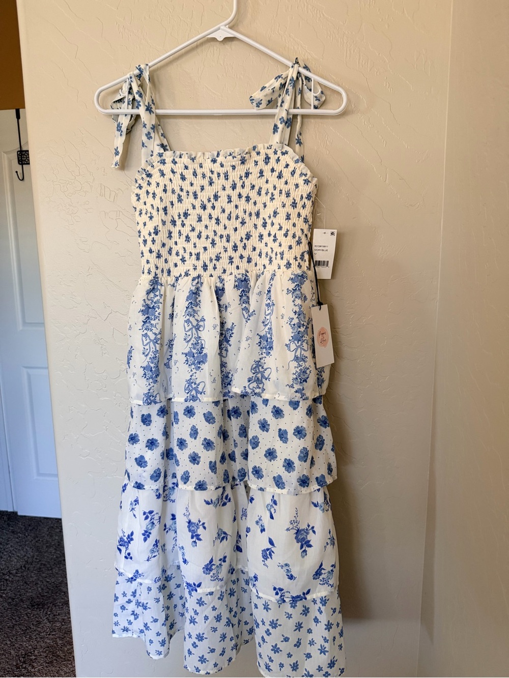 Smocked White Midi Dress with Blue Floral Print and Tie Straps